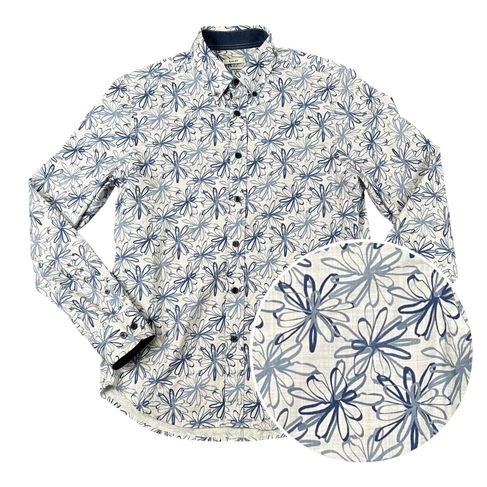 Jos. A. Bank 1905 Button Down Shirt Mens Medium Slim Fit Blue White Floral